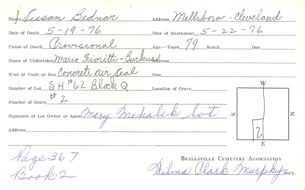 Susan Bednar  burial card